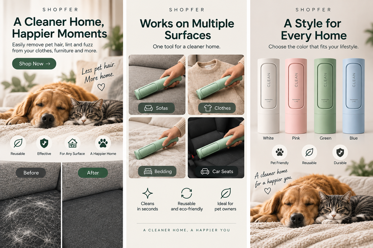 Three-panel graphic showing a dog and cat resting on a clean sofa with a before-and-after comparison of pet hair removal, the brush being used on sofas, clothing, bedding, and car seats, and the four available colors of the Shopfer reusable pet hair remover: white, pink, green, and blue.