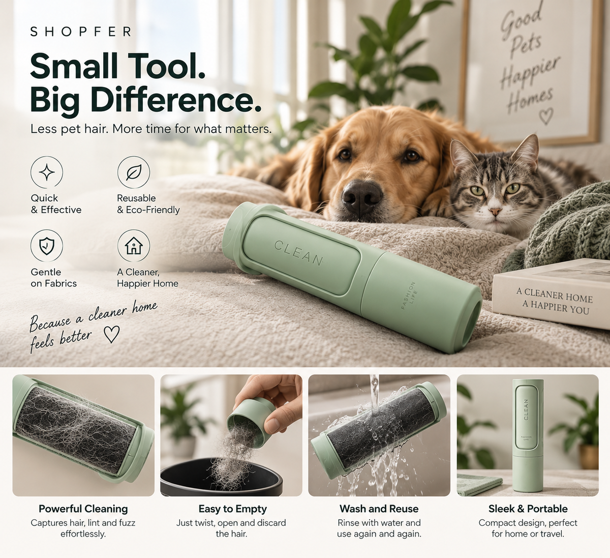 A golden retriever and a gray tabby cat cuddling on a beige sofa next to the Shopfer reusable pet hair remover, with icons for quick and effective, reusable and eco-friendly, gentle on fabrics, and a cleaner happier home, plus four close-up steps showing the brush capturing hair, being emptied, rinsed with water, and its compact portable size.